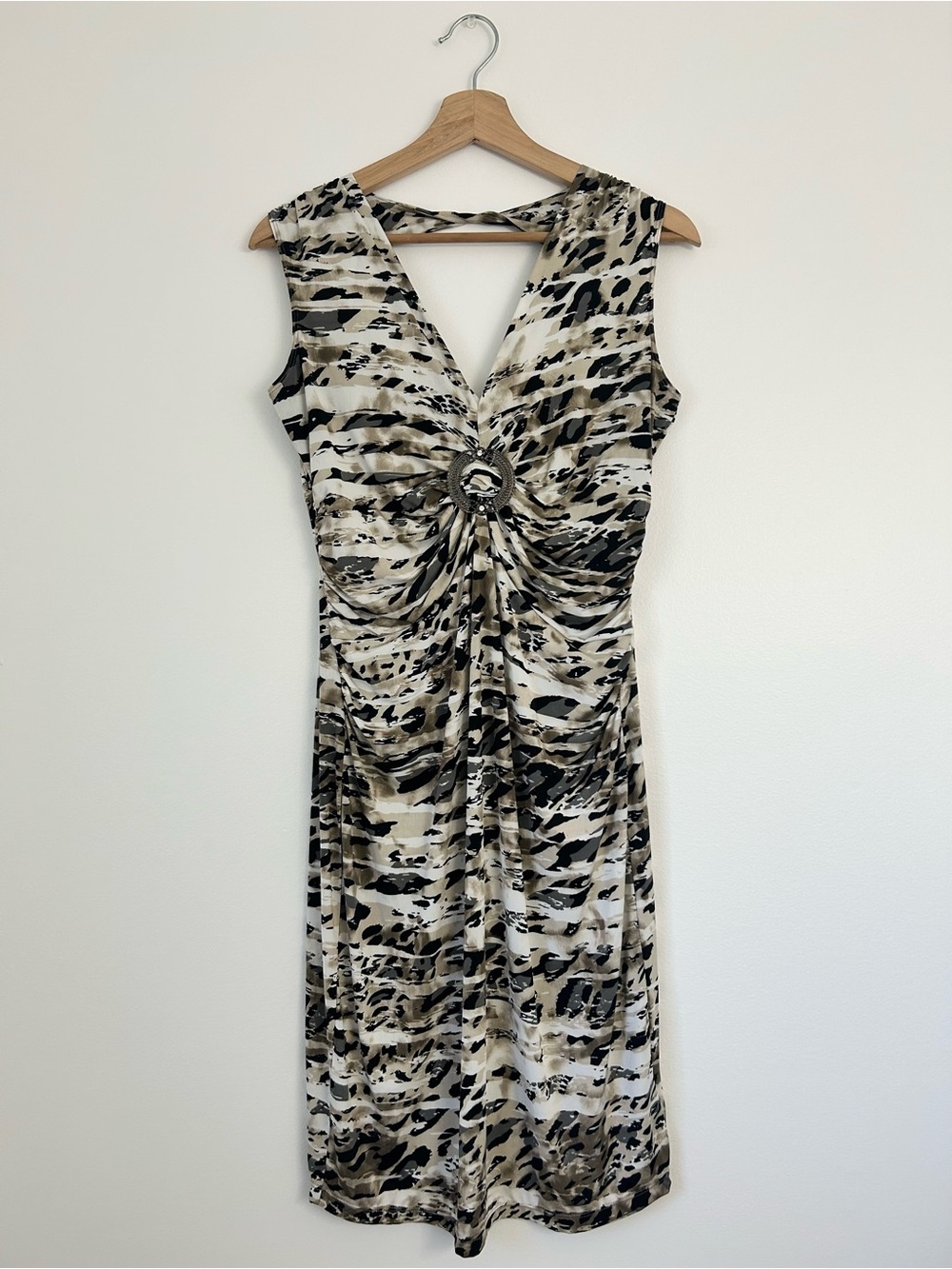 TRIBAL V-Neck Sleeveless Animal Print Dress with Center Ruched Detail